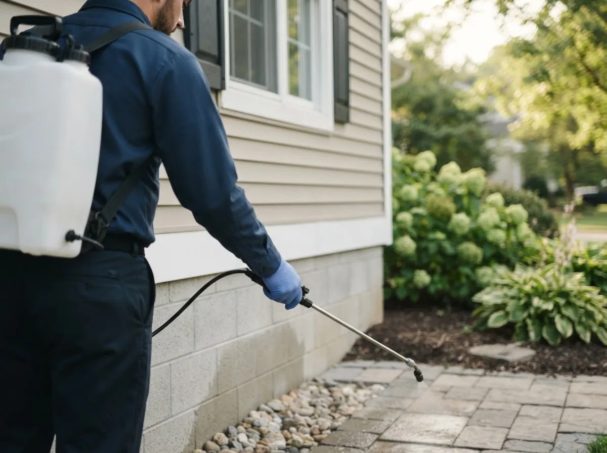 Pest control technician inspecting a home in Hawkins, TX